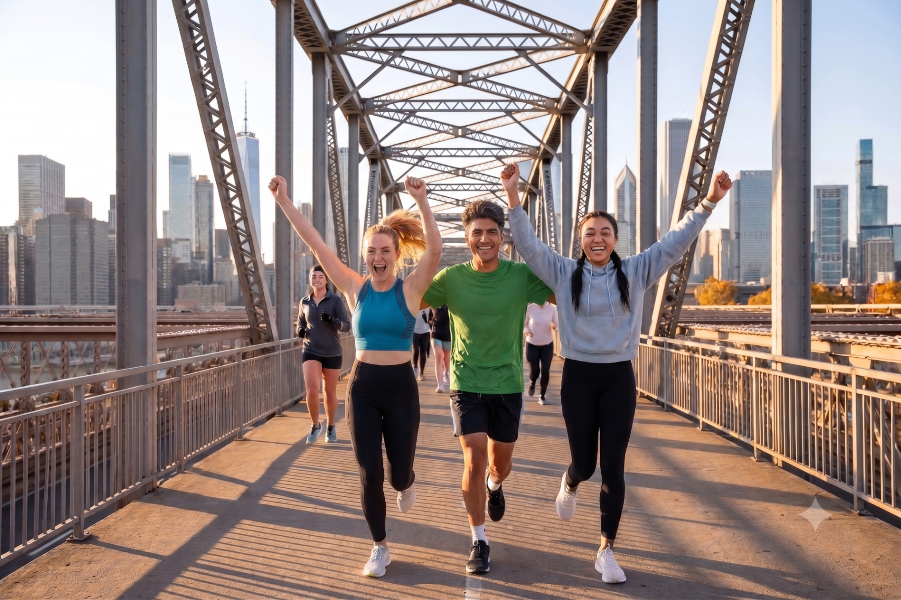 Runners crossing an iconic bridge at sunrise