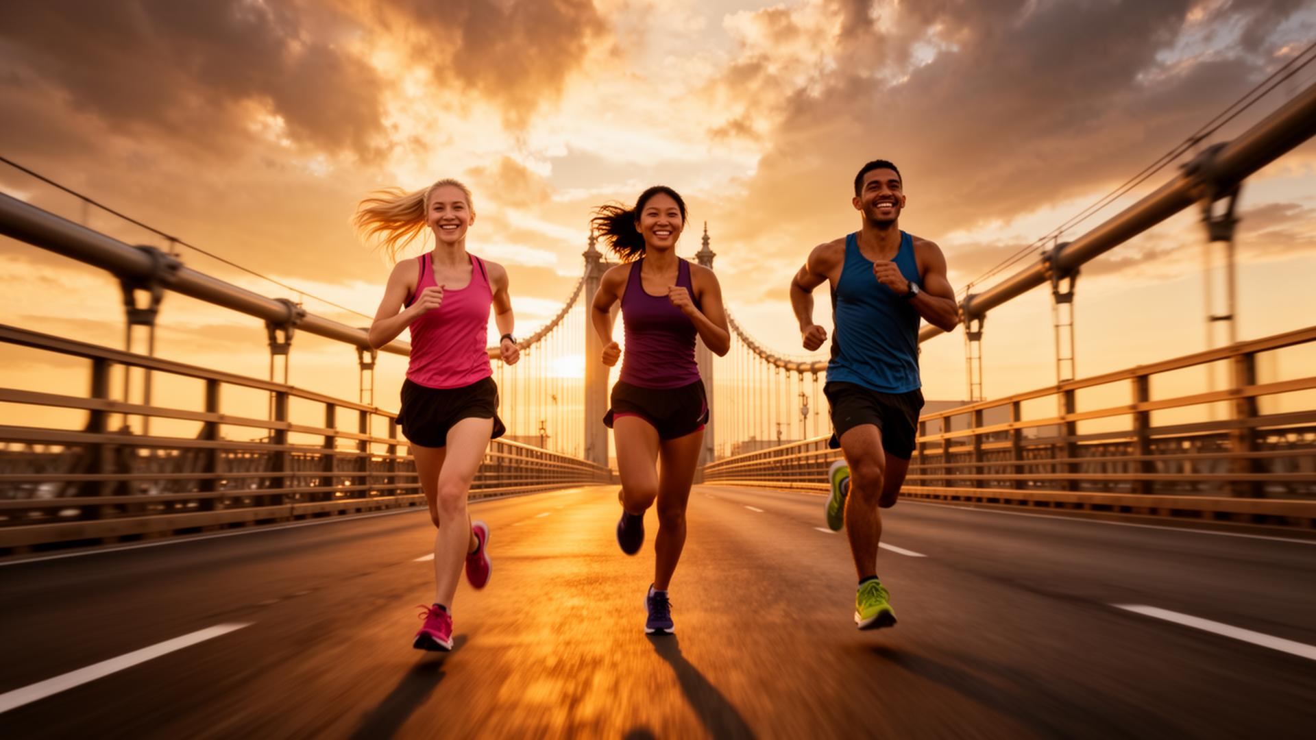 Diverse group of runners including women crossing an iconic bridge at sunrise