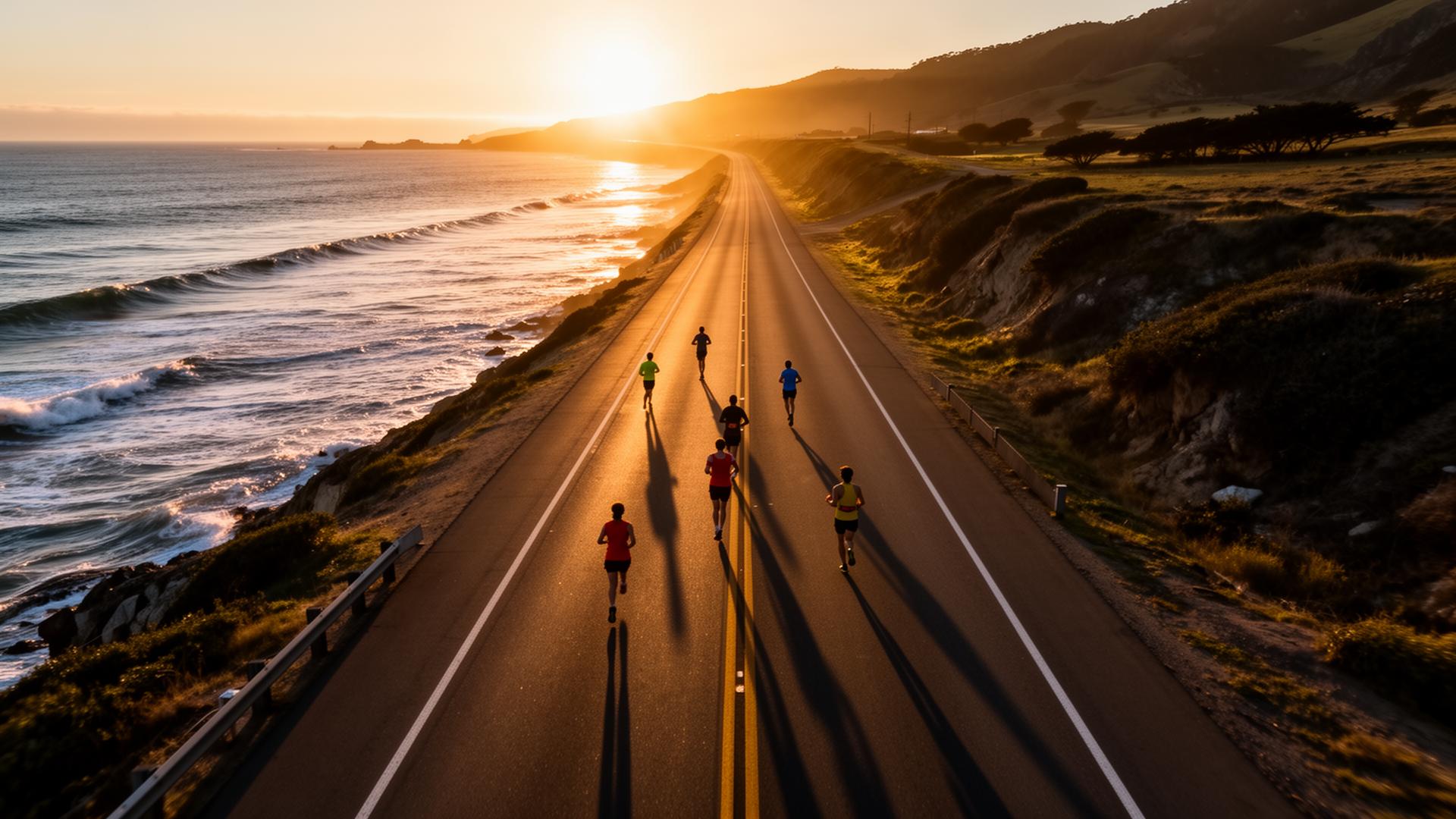 Runners on coastal highway at golden hour